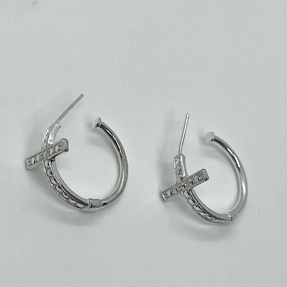 Vintage Jewelry - Vtg 925 Sterling Silver Cross Half Hoop Earrings | 20mm Hoops | 13mm Cross